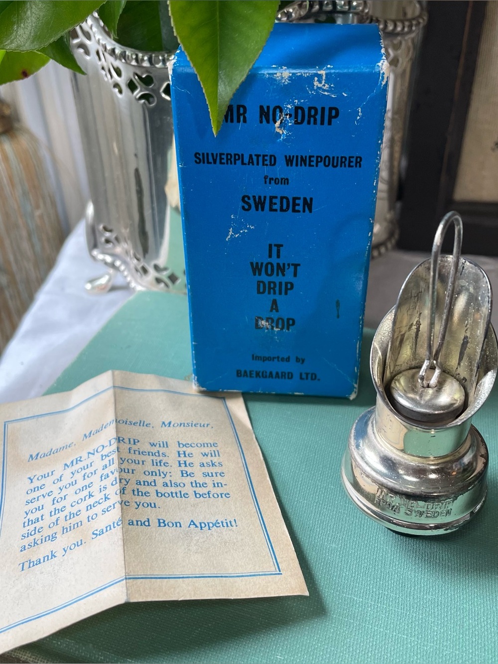 Vintage Silver plated cork bottle spout stopper wine liquor Swedish